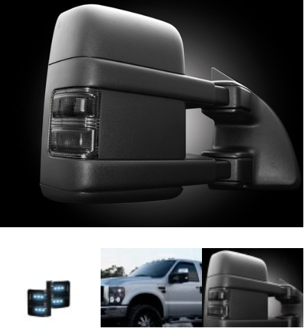 Ford 08-16 F250/F350 Superduty Side Mirror Lenses (2-Piece Set) w/ WHITE LED Running Lights & Turn Signals – Smoked Lens